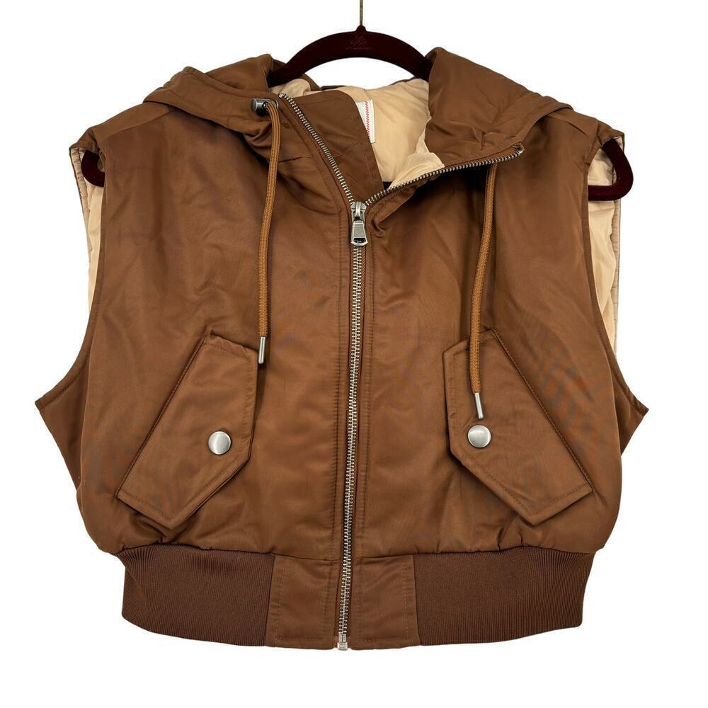 BDG Eliza Cropped Hooded Jacket Vest Size S Brown Nylon Sleeveless Lined Y2K